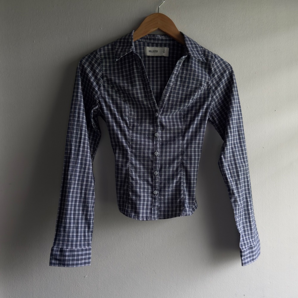 Y2K Hollister Plaid Button Down Top Women XS Navy Blue Slim Fit Back Tie Preppy